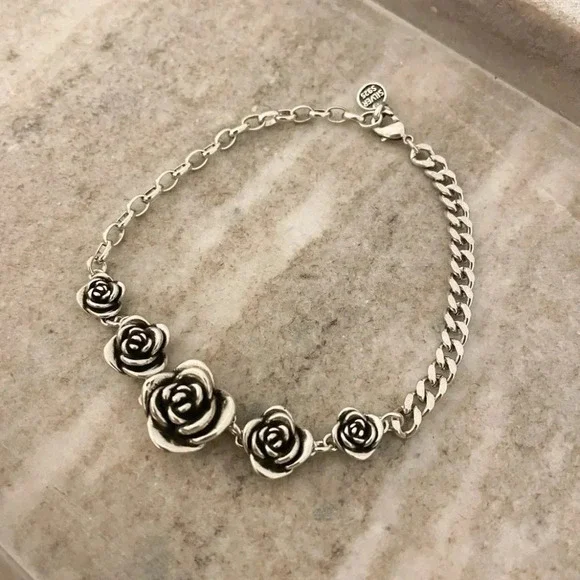 925 Sterling Silver Vintage Rose Bracelet Chain Link Bracelet Flower Bracelet - Picture 2 of 6